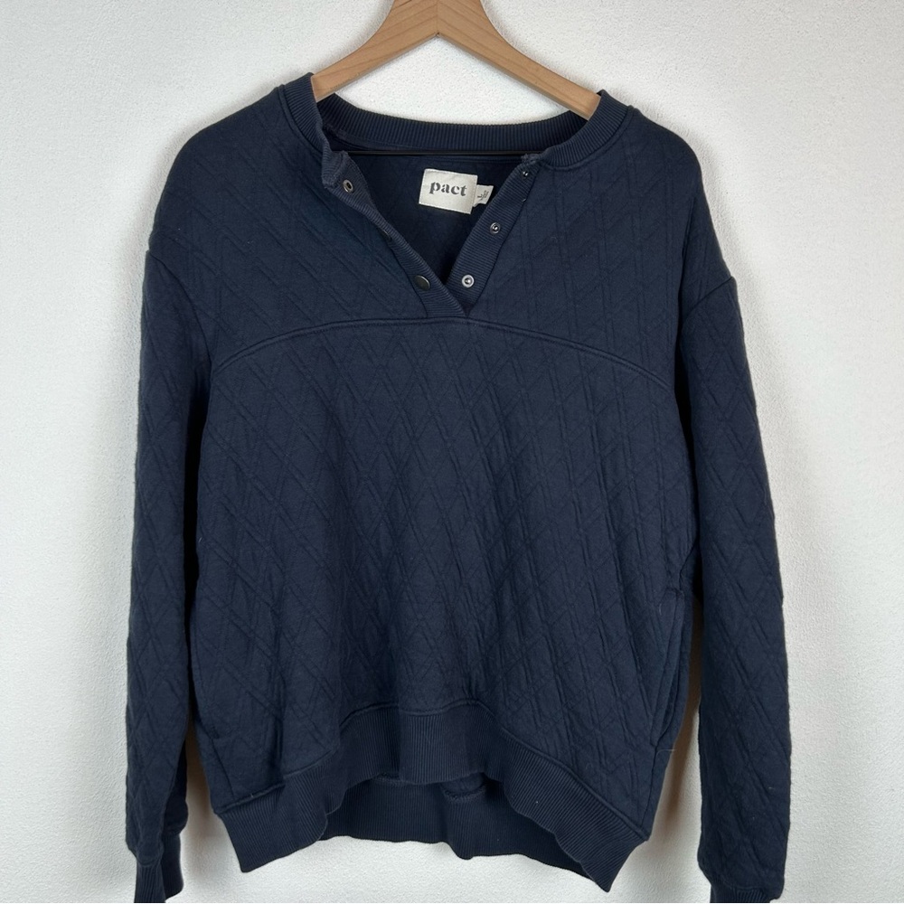 PACT Organic Cotton Snap Quilted Pullover Navy Blue Large